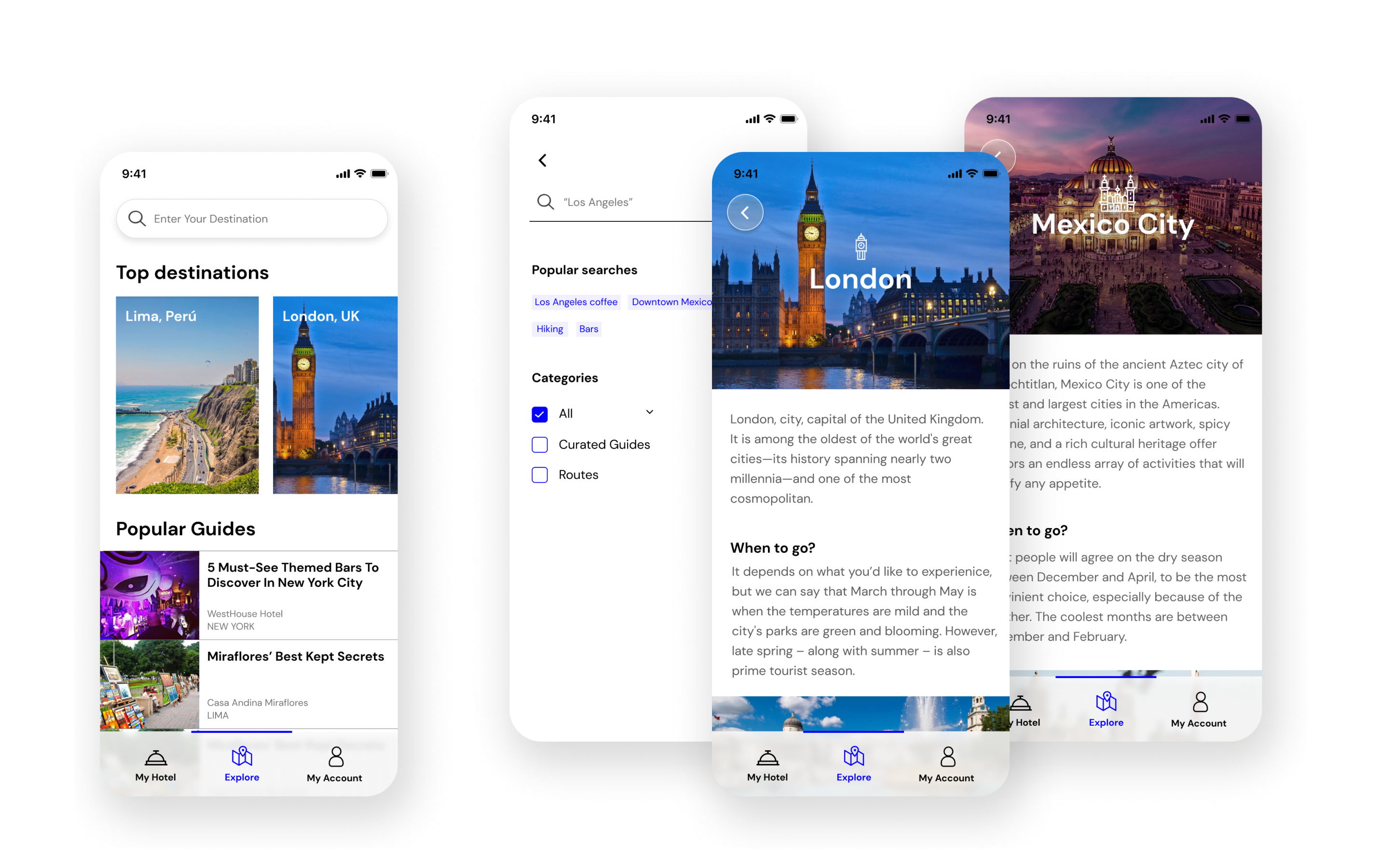 Destination search · Lima, London, Mexico City guides