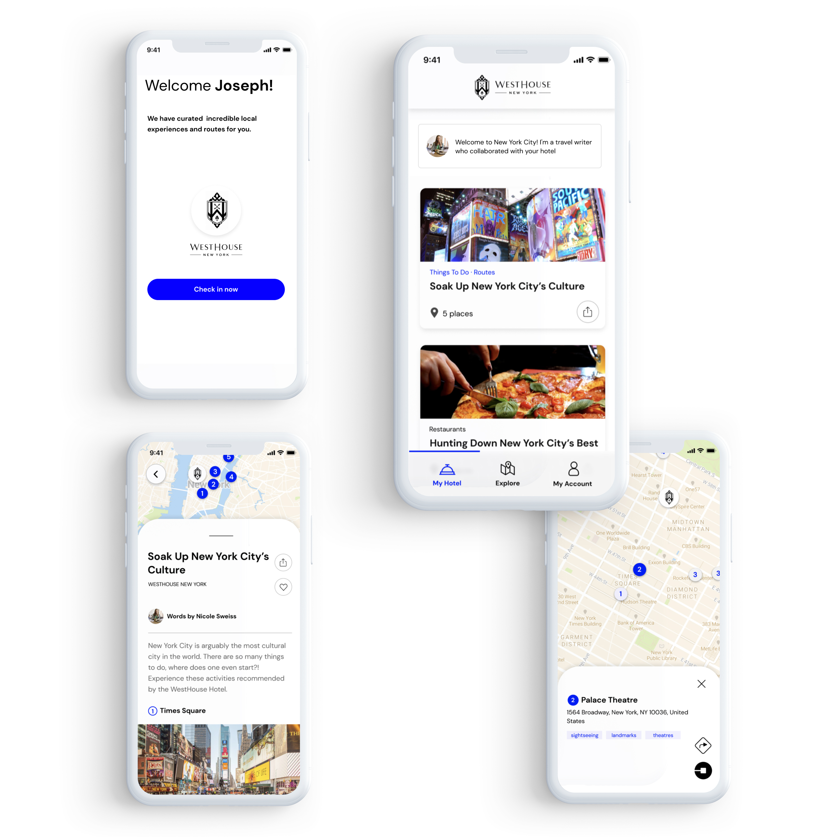 Arrivedo · welcome, neighborhood guide, self-guided map on four iPhones