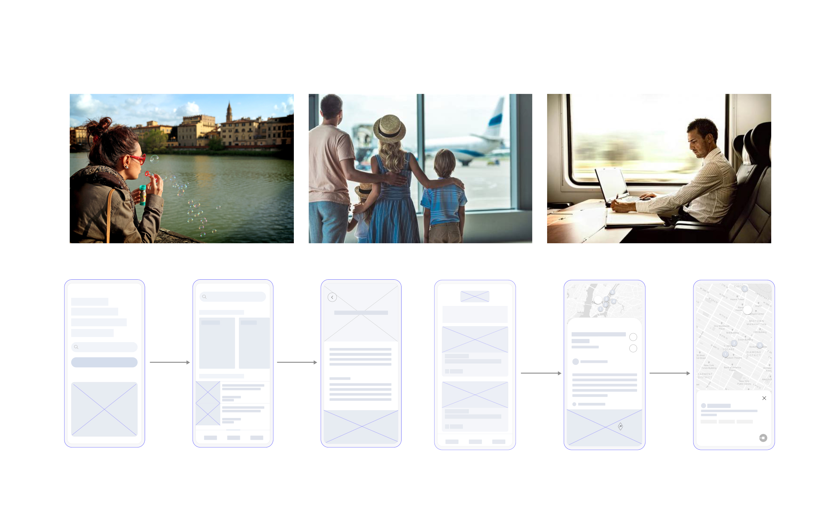 Arrivedo · wireflow with travel-context photography and mobile wireframes