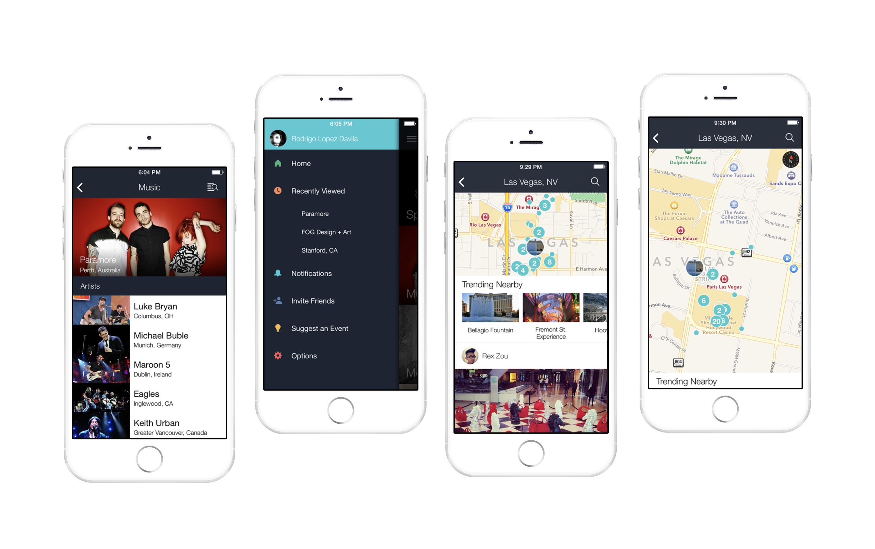 Banjo consumer app · music feed, menu, Las Vegas map, map overview