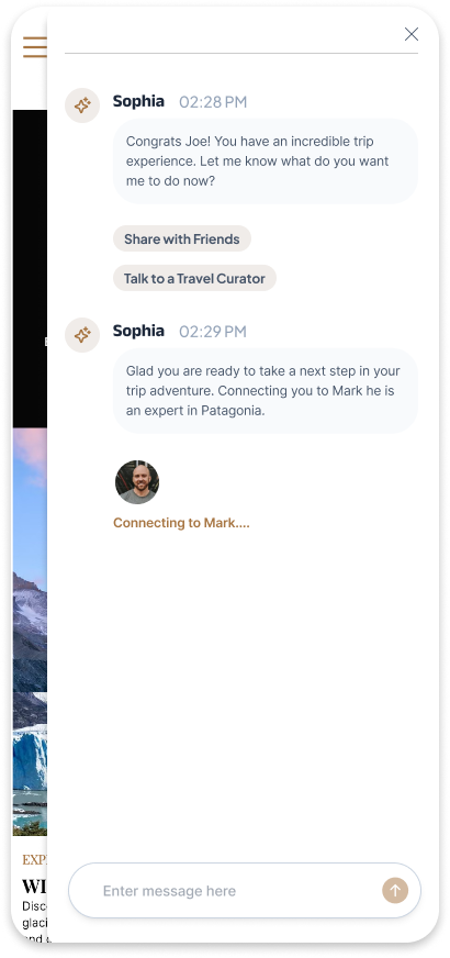 Sophia AI · connecting to a travel curator