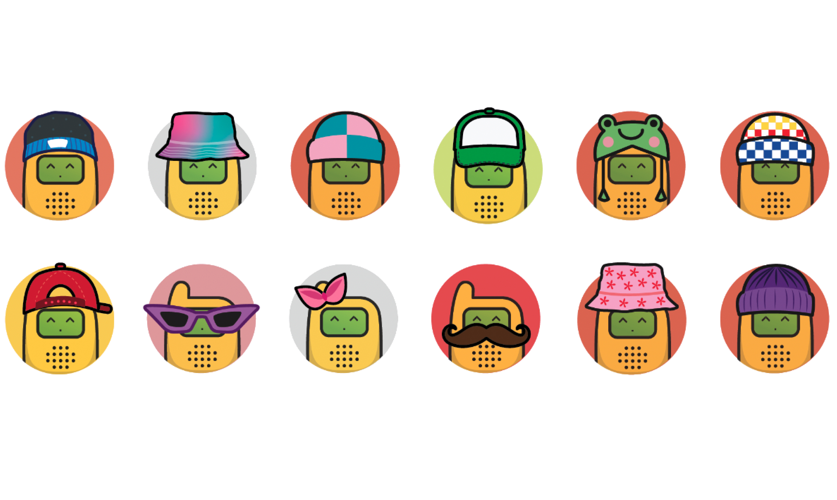 Grid of 12 walkie-talkie mascot avatars wearing different hats, sunglasses and accessories