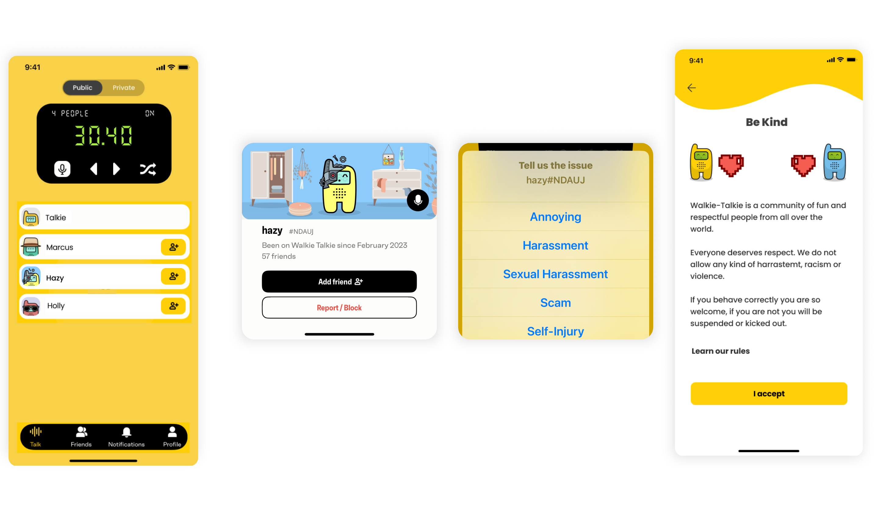 Safety flow · user profile, report / block, reason selection, Be Kind community agreement