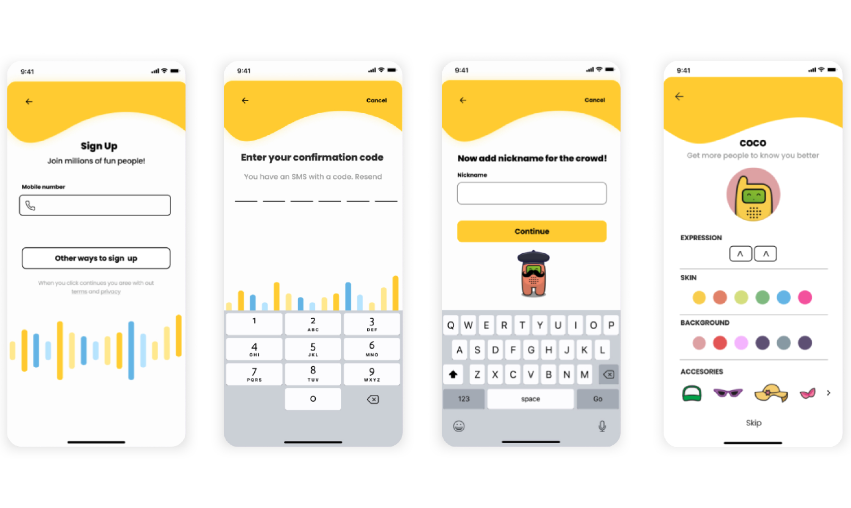 Four onboarding screens · sign up, confirmation code, nickname, avatar customization