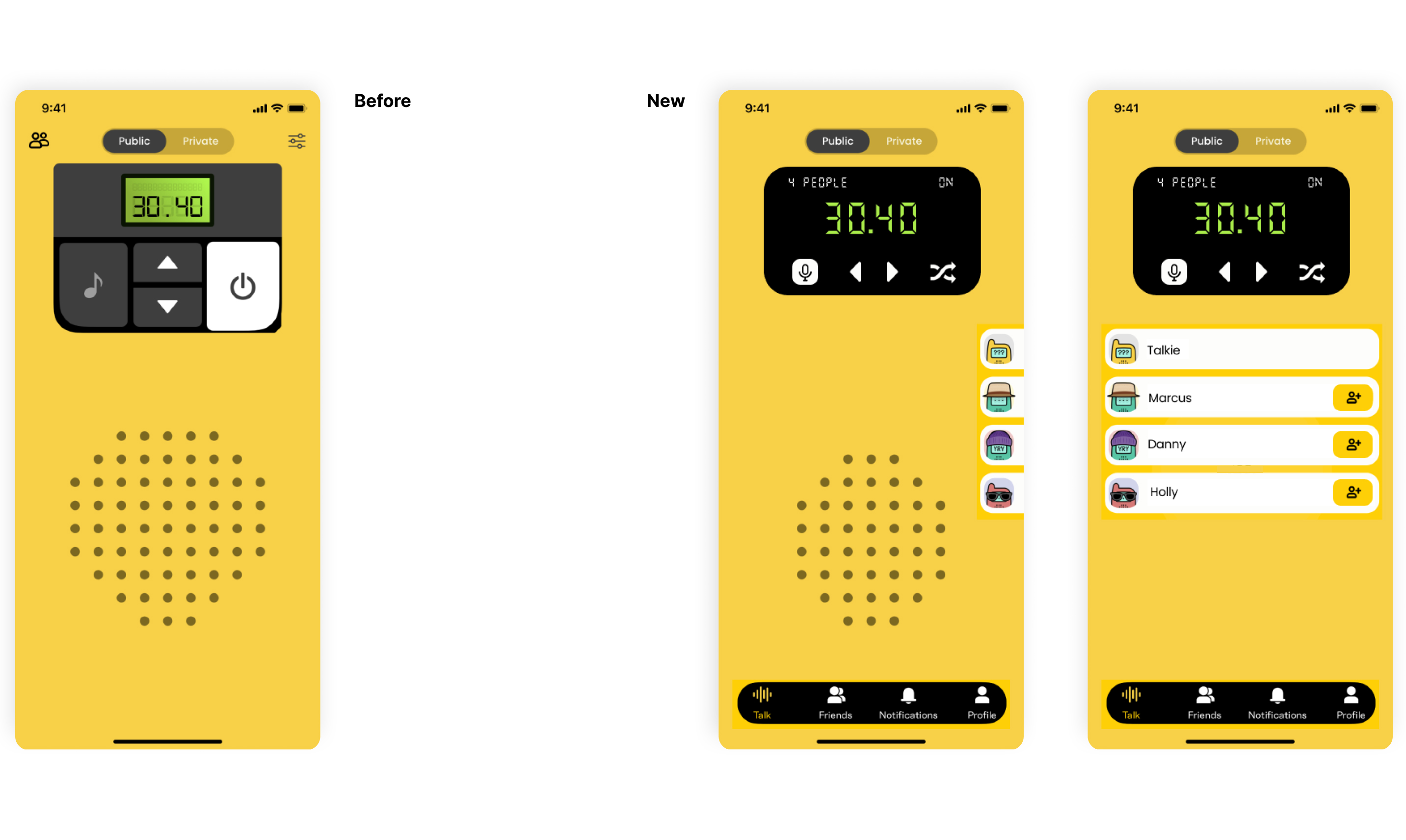 Before/after · old radio-style screen vs new social frequency with avatar list